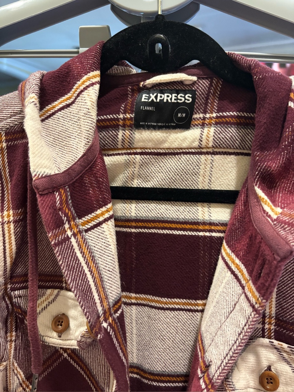 Men’s Express Plaid Burgundy And Cream Flannel Hooded Lightweight Jacket.